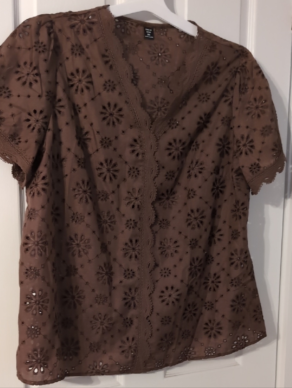 SHEIN Chocolate Brown Eyelet V-Neck Short Sleeve Blouse